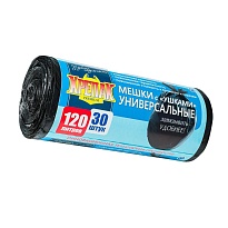Мешки для мусора 120 л, с ушками, черные, в рулоне 30 шт., ПНД, 15 мкм, 1100х700 мм, Крепак, 4607075710375 в Северодвинске